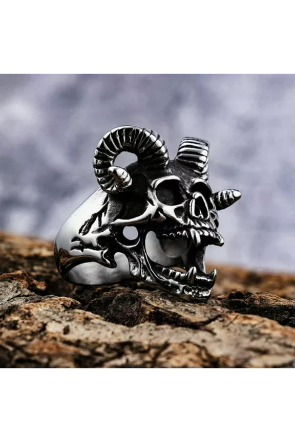 Gothic Ram Horn Satan Evil Skull Ring Stainless Steel Men's Vampire Skull Ring-10