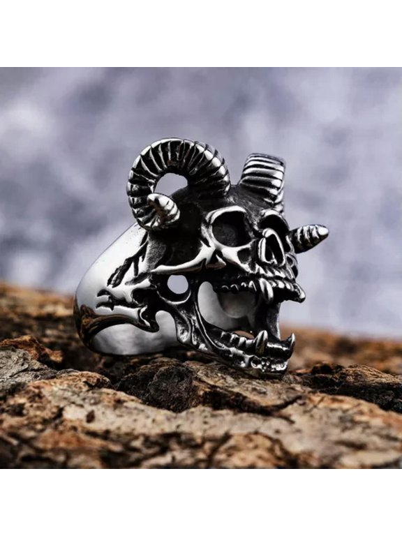 Gothic Ram Horn Satan Evil Skull Ring Stainless Steel Men's Vampire Skull Ring-9
