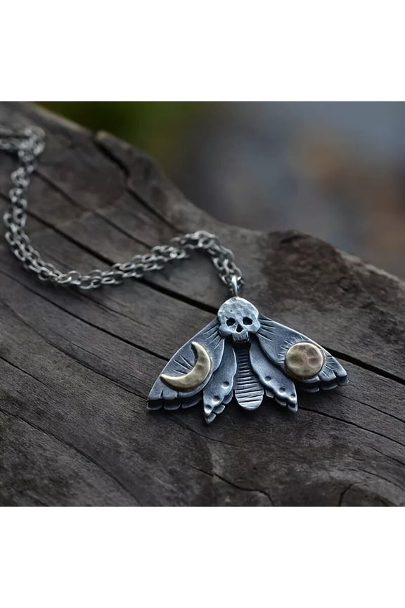 Gothic Retro Style Moth Skull Pendant Sun Moon Necklace for Women Men Jewelry