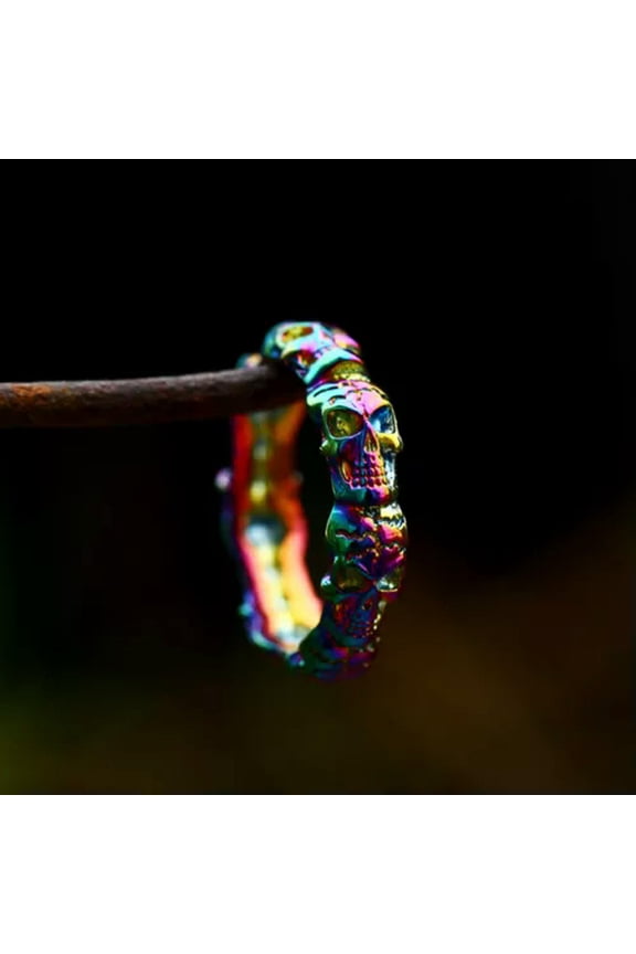 Gothic Skull Circle Wedding Band for Men Women Stainless Steel Vintage Punk Ring-12-Rainbow