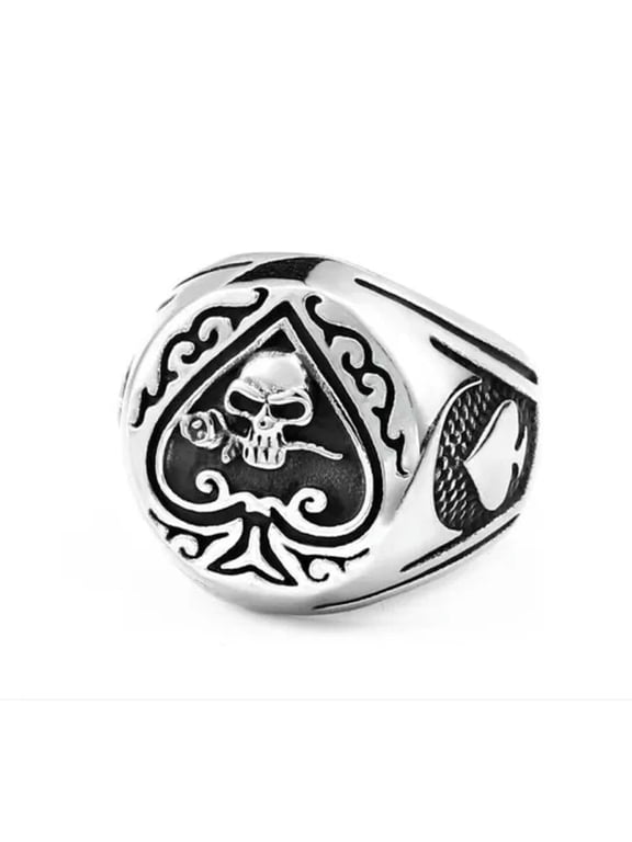 Gothic Spade Rose Skull Ring Stainless Steel Men's Lucky Signet Ring Biker Punk-12