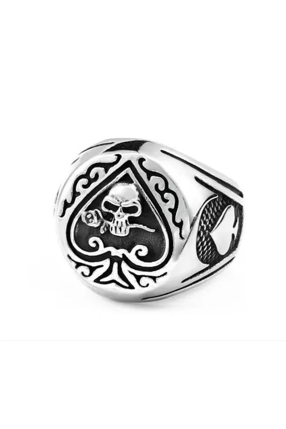 Gothic Spade Rose Skull Ring Stainless Steel Men's Lucky Signet Ring Biker Punk-13