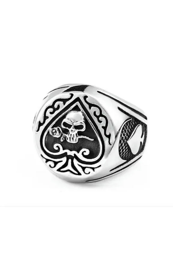 Gothic Spade Rose Skull Ring Stainless Steel Men's Lucky Signet Ring Biker Punk-7
