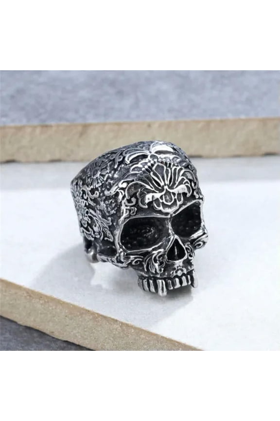 Gothic Tribal Flower Skull Head Ring Stainless Steel Men's Evil Skull Biker Ring-10