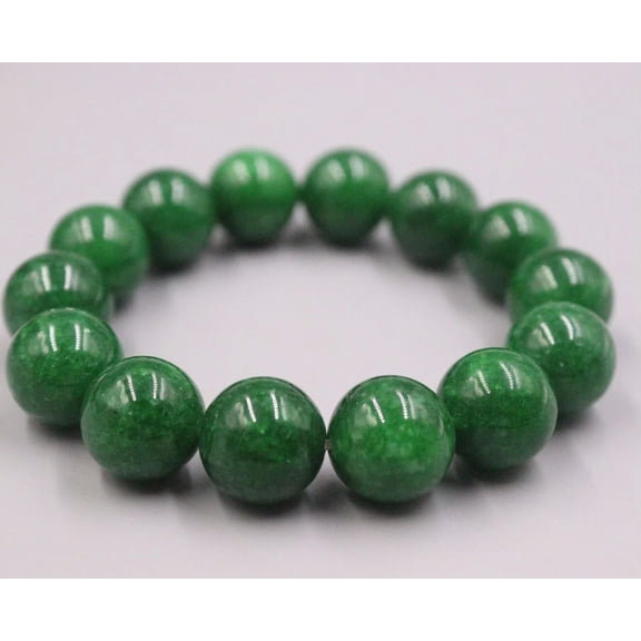 K-KED Green Jade Bead 14mm Bracelet For Women Man Smooth Ball Bangle Good Luck Gift