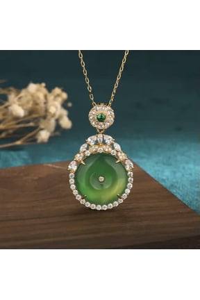Green Jade Crystal Pendant Necklace Charm 18K Gold Plated Chain Dainty Gemstone