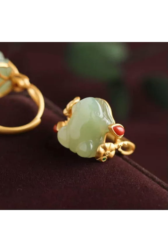 Green Jade Frog Rings Natural 925 Silver Women Adjustable Ring Delicate Jewelry Carved-default