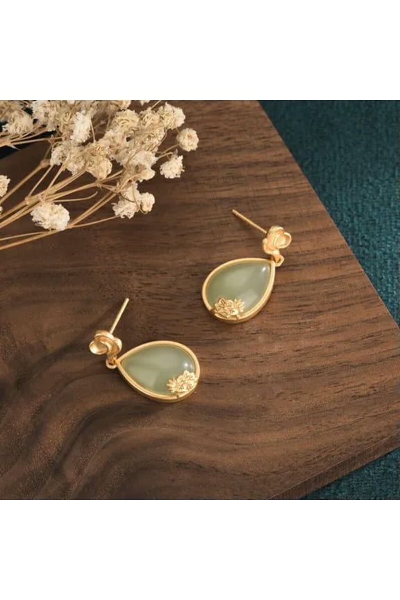 Green Jade Lotus Earrings 925 Silver Women Ear Studs Chalcedony Natural Jewelry