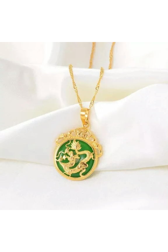 Green Jade Stone Dragon Pendant Necklace Amulet Protection Necklace Handmade-default