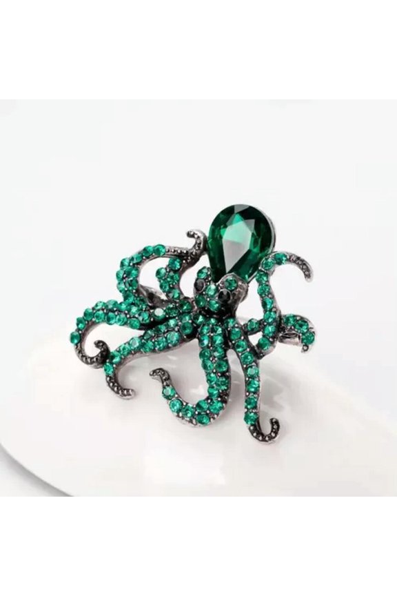 Green Octopus Rhinestones Brooches Pins Women Men Sea Animal Crystal Delicate Jewelry New