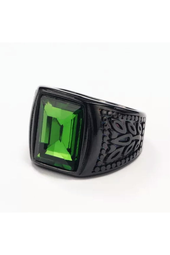 Green Stone Inlay Retro Wedding Ring Stainless Steel Men's Vintage Band Black-11