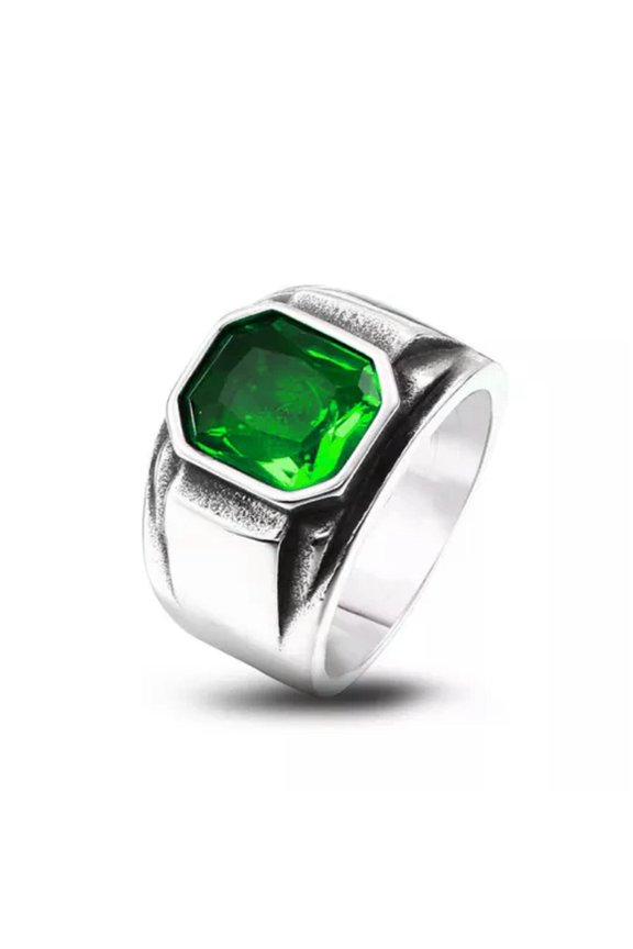 Green Stone Inlay Square Wedding Ring Stainless Steel Men's Vintage Band Rings-9