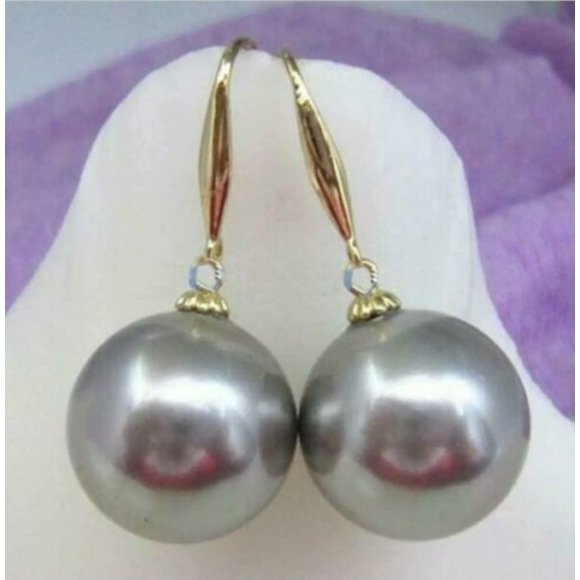 K-KED HOT 16mm Perfect round AAAA+ Gray South Sea Shell Pearl Earrings