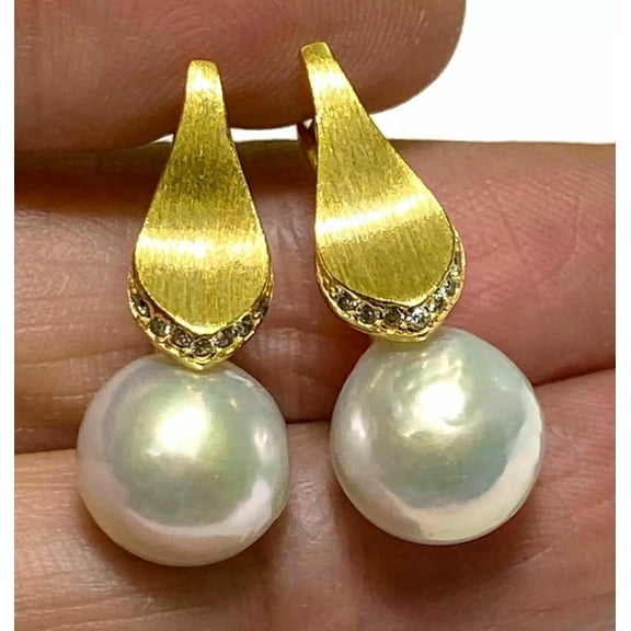 K-KED HUGE 10-11mm Natural south Sea White Round Pearl Dangle Clip-On Earrings