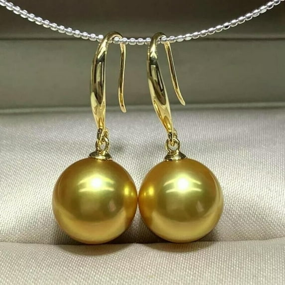 K-KED HUGE AAAA 11-12mm real natural round South Sea golden Pearl Earrings 14K gold