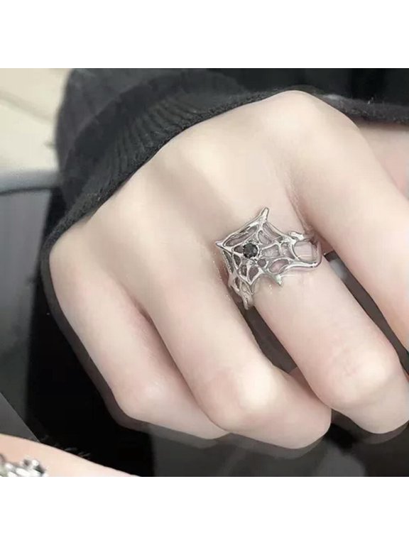 Halloween Gift Silver Spider Open Finger Ring Funny Women Men Adjustable Jewelry-Spider Net