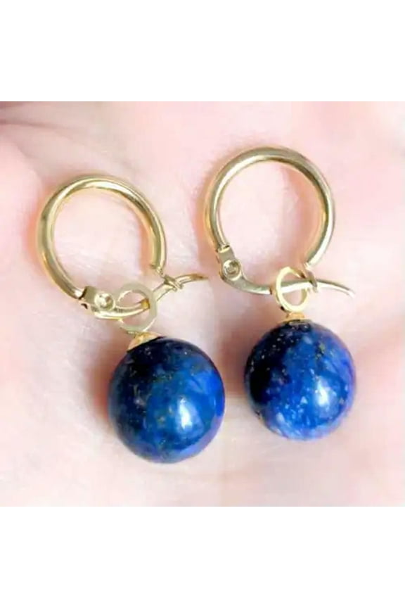 Handmade 10MM Natural Lapis Lazuli Round Bead Hook Earrings Handmade