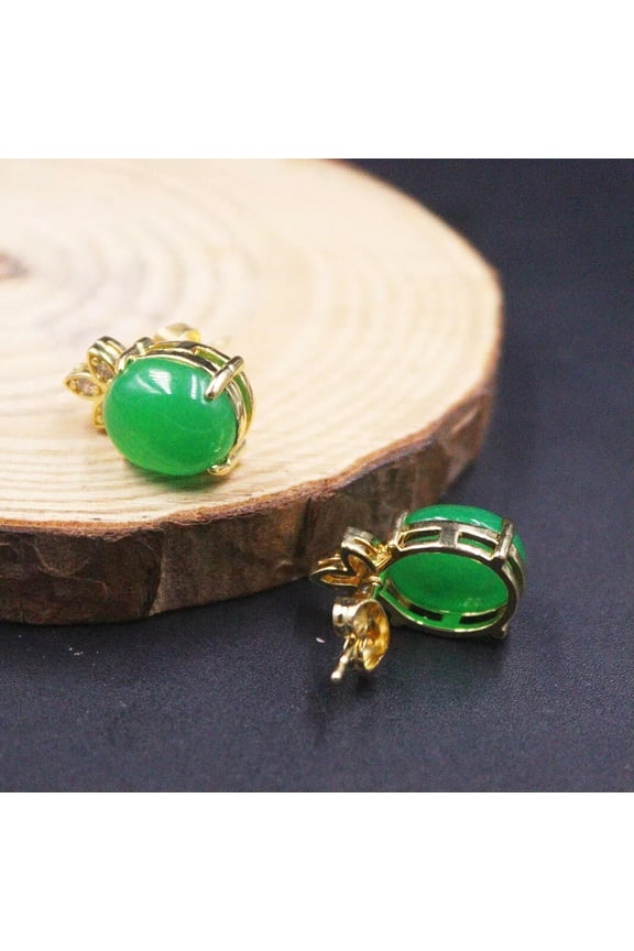 Handmade Green Chalcedony Earrings Stud 18K Gold Plated Green Jade Earrings