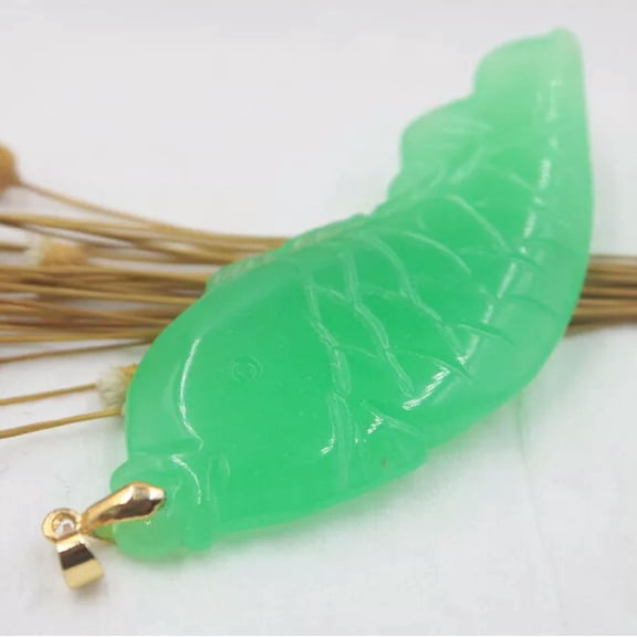 K-KED Handmade Green Jade Pendant Women Man's Fish Charm Hanging Card 2.76inchL Gift