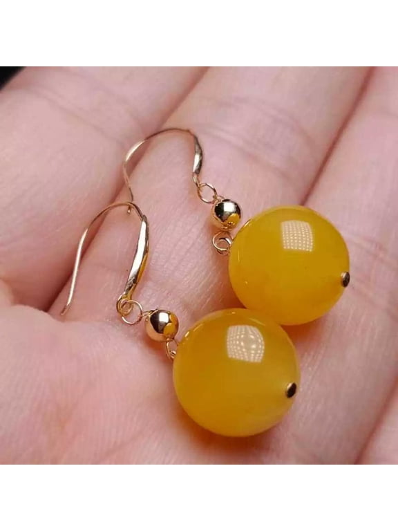 Handmade Natural 12MM Yellow Jade Round Gemstone Beads Earrings New Year