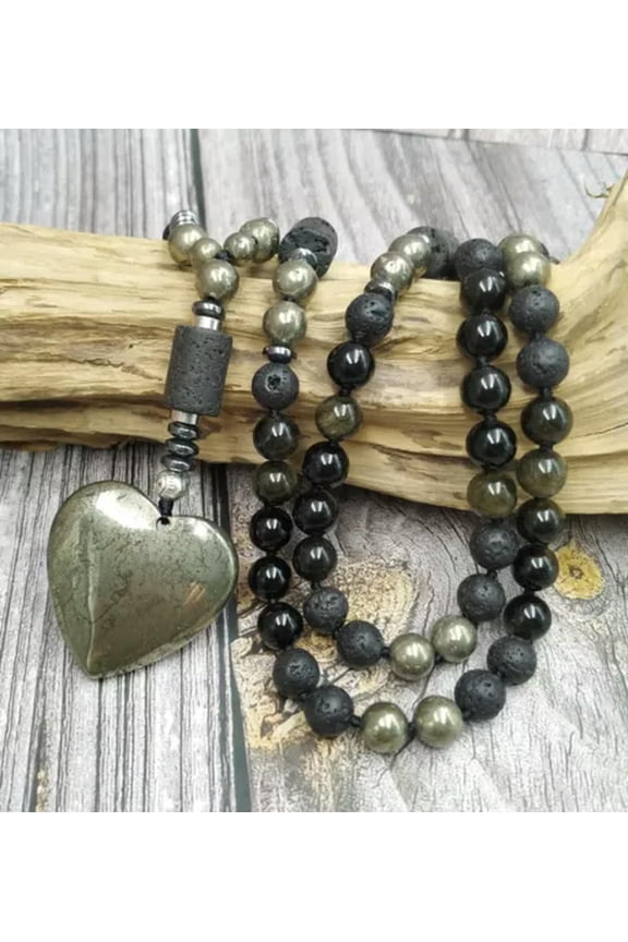 Heart Pyrite Stone Pendant Obisdian Lava Beads Stone Handmade Knot Necklaces-100cm