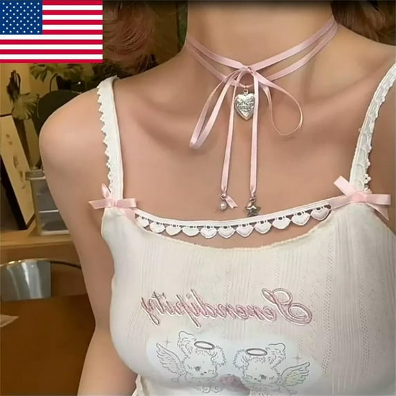 K-KED Heart&Star Beaded Pendant Pink Ribbon Choker Long Chain Necklace Delicate Jewelry 70cm US