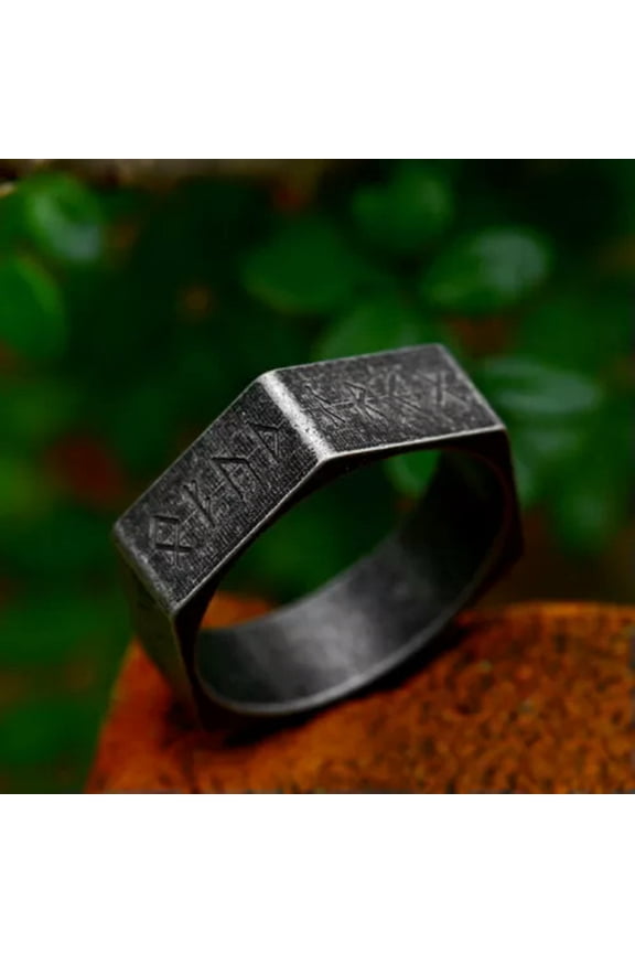 Hex Nut Nordic Viking Rune Ring Titanium Men Women Retro Wedding Band Biker Ring-10-Black