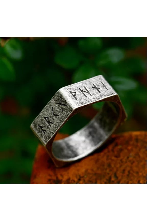 Hex Nut Nordic Viking Rune Ring Titanium Men Women Retro Wedding Band Biker Ring-7-Gray