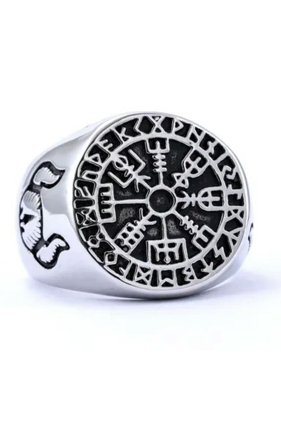 Hip Hop Mens Stainless Steel Viking Runes Vegvisir Ring Size 7-13-11