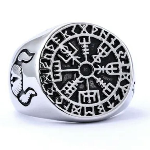 K-KED Hip Hop Mens Stainless Steel Viking Runes Vegvisir Ring Size 7-13-13