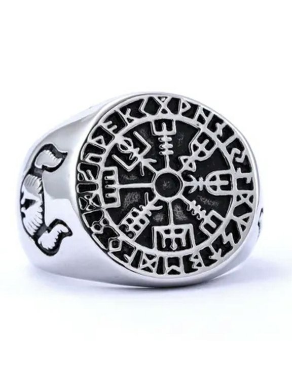 Hip Hop Mens Stainless Steel Viking Runes Vegvisir Ring Size 7-13-9