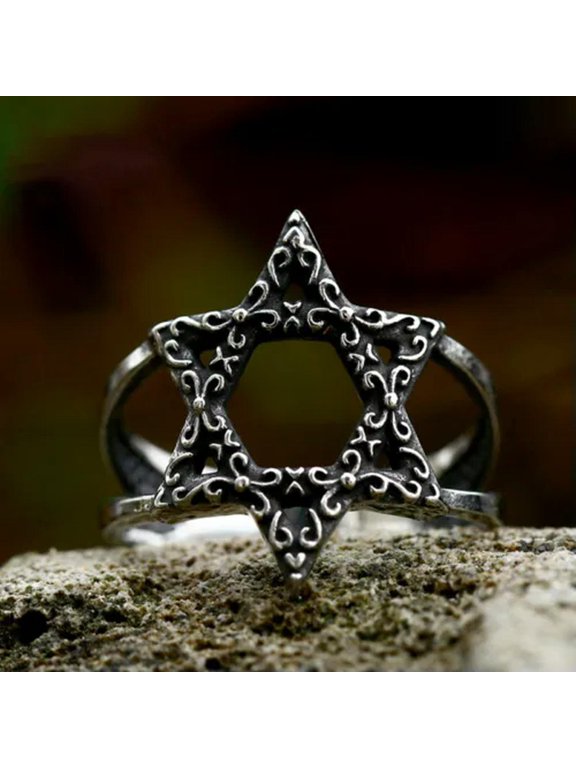 Hollow Hexagram Star Ring Stainless Steel Men's Women's Magic Lucky Vintage Ring-13