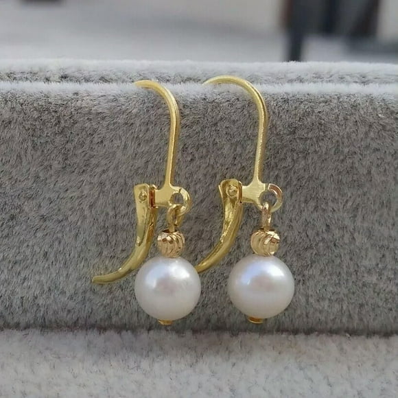 K-KED Hot 7-8mm Round AAA+ Perfect South Sea White Pearl Earrings 14k Yellow Gold P