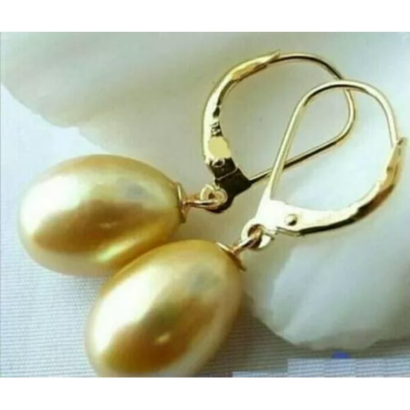 K-KED Hot Huge AAA 10-11mm South Sea Golden Pearl Earrings 14k Yellow Gold