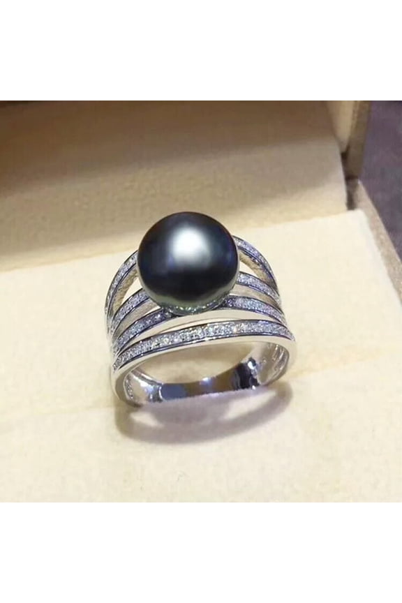 Huge AAA 10-11 Mm Round Natural South Sea Black Pearl Ring 925s