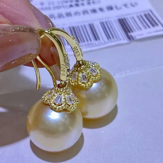 K-KED Huge AAA 10-11mm Real South Sea Round Natural Golden Pearl Earring 925s