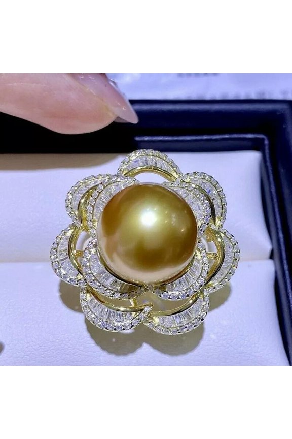Huge AAAAA 13-12mm Genuine Natural South Sea Golden Round Pearl Ring Adjustable