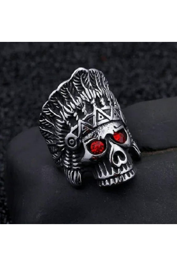 Indian Feather Skull Head Ring Stainless Steel Skeleton Lord Priest Ring Biker-12