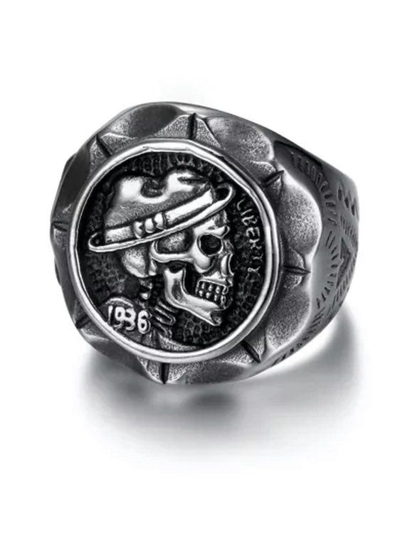 Indian Liberty Skull Ring Men's Vintage Stainless Steel Signet Rings Punk Biker-15