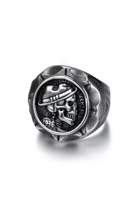 Indian Liberty Skull Ring Men's Vintage Stainless Steel Signet Rings Punk Biker-7