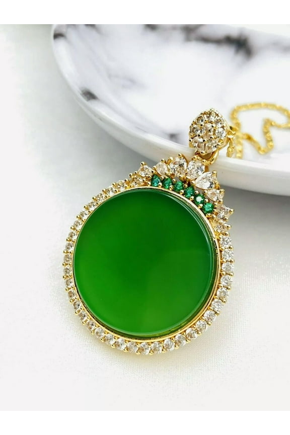 Jade Crystal Pendant Charm Necklace With 18K Gold Plated Chain Green Gemstone