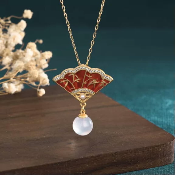 K-KED Jade Delicate Jewelry Cloisonne Fan Charm Pendant with Chain Necklace Gold Plated Gift-default