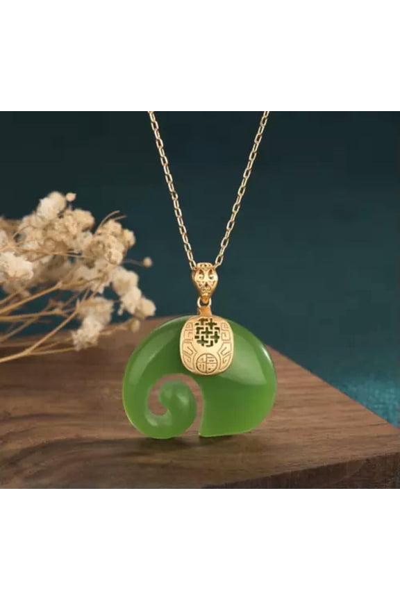 Jade Elephant Pendant Necklace Charm 18K Gold Chain Retro Dainty Plated Gemstone