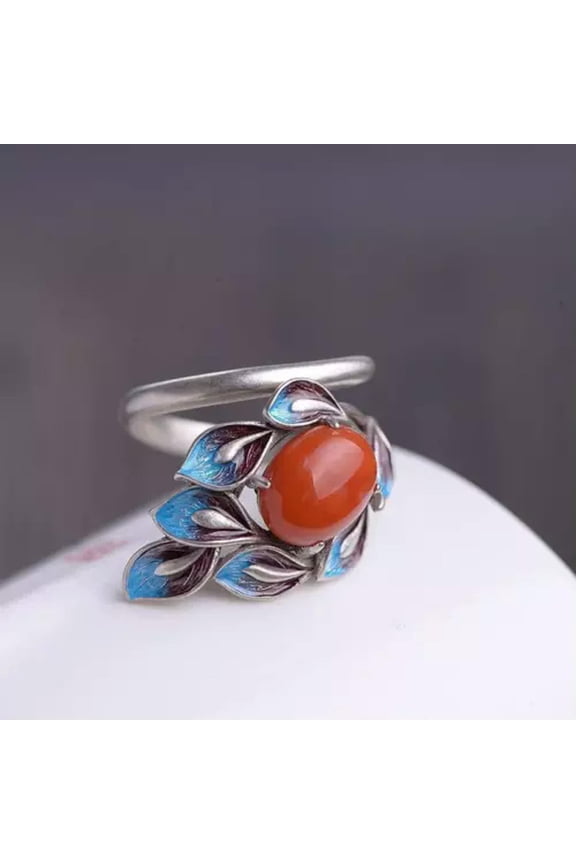 Jade Flower Rings Natural 925 Silver Women Delicate Jewelry Adjustable Ring Chinese-Red