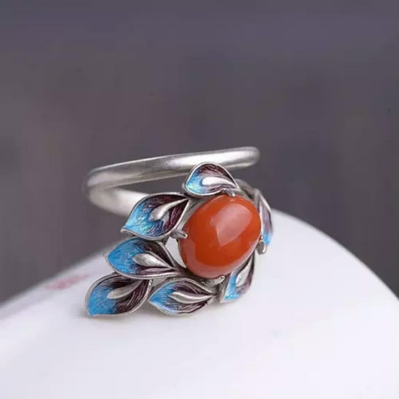 K-KED Jade Flower Rings Natural 925 Silver Women Delicate Jewelry Adjustable Ring Chinese-Red