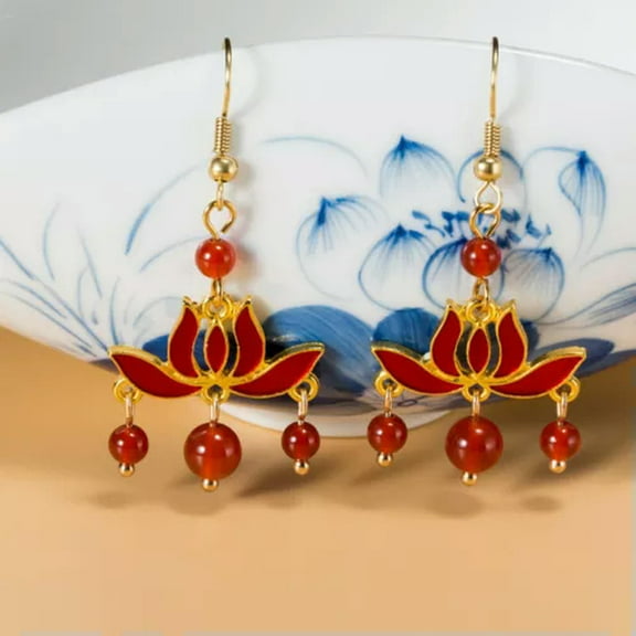 K-KED Jade Lotus Earrings Charms Women 925 Silver Real Delicate Jewelry Natural Talismans-Red