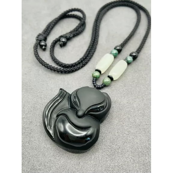 K-KED Jade Obsidian Clever Fox Charm Pendant Necklace Beads Cord Handmade Carved Gem