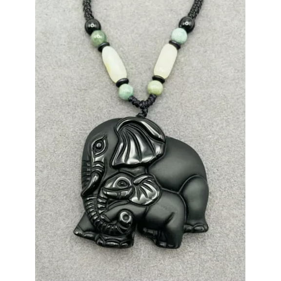 K-KED Jade Obsidian Elephant Animal Charm Pendant Necklace Beads Cord Handmade Carved