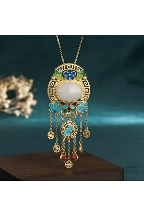 Jade Retro Pendant Necklace Charm 18K Gold Plated Chain Ethnic Dainty Gemstone