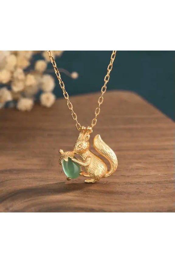 Jade Squirrel Acorn Pendant Necklace Charm 18K Gold Plated Chain Dainty Gemstone-default